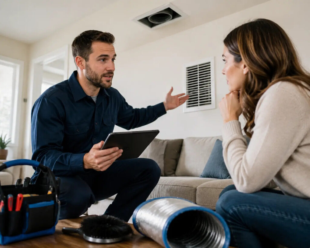 Technician-explaining-air-vent-c